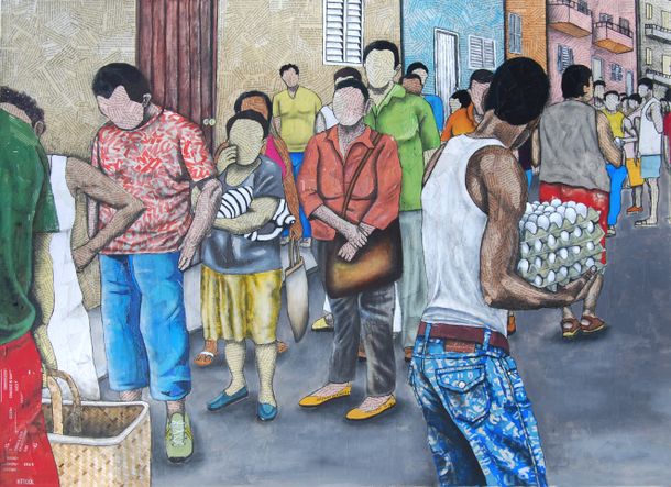 5_Fraga_ The Line to Buy Eggs_39 x 28 inches_Mixed Media Newspaper Collage on Canvas_(2019).jpg