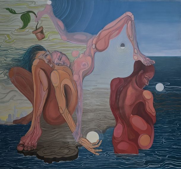The Three Graces and Quantum Particles, oil on canvas, 73 x 84 inches, 2021 .jpg